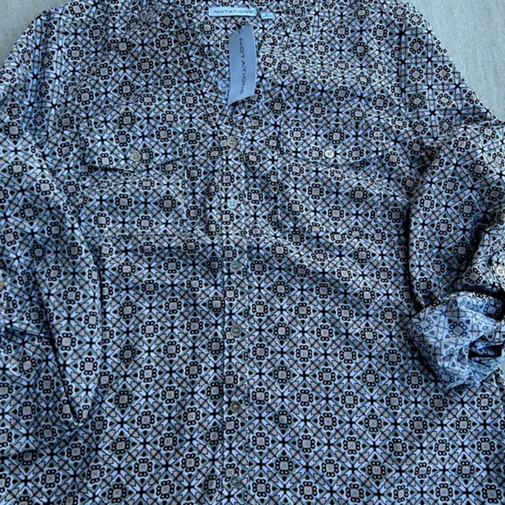 Notations Women Geometric Tile Print Button Down Blouse Roll Tab Sleeve Tan BlK